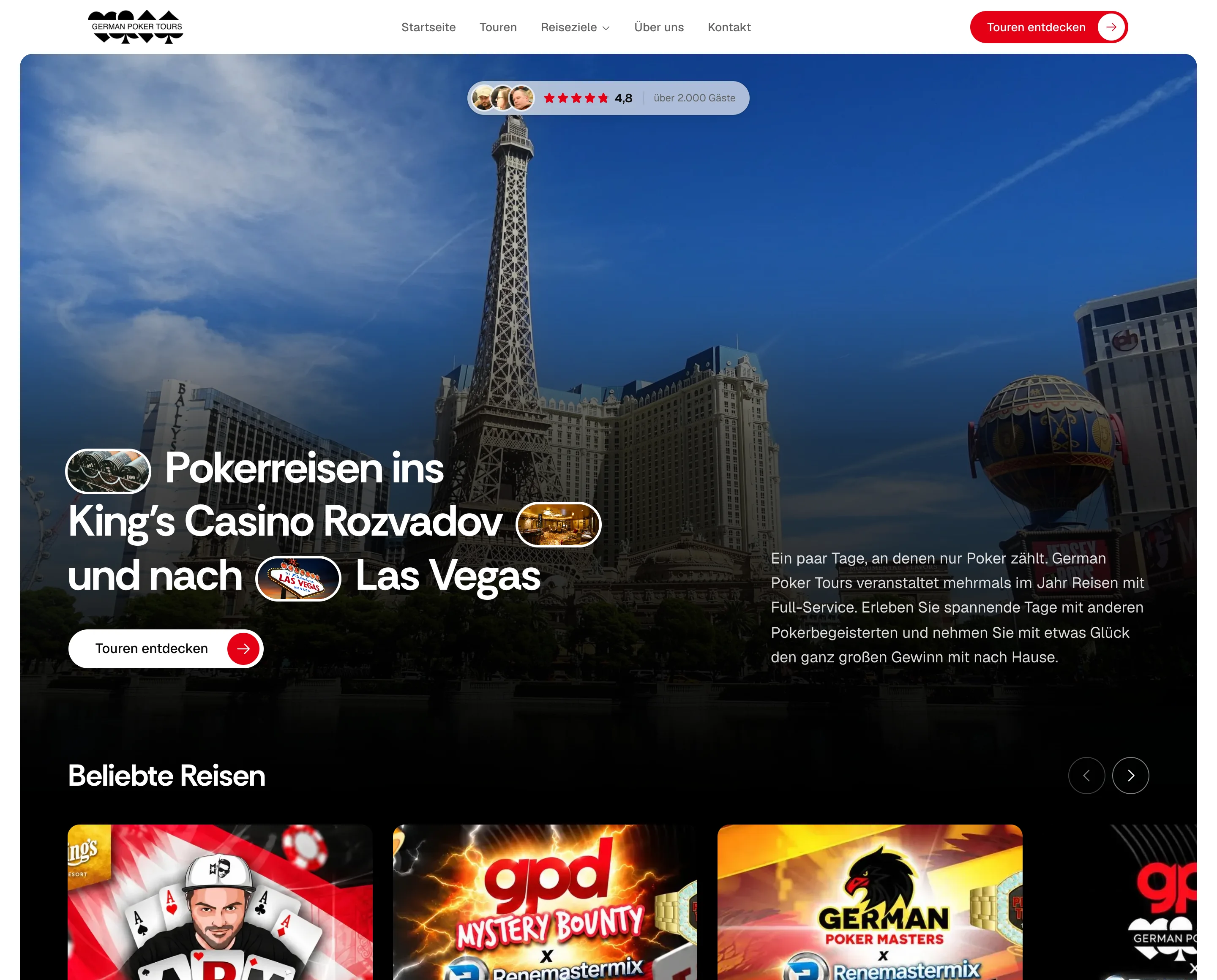 Startseite von German Poker Tours: Pokerreisen ins King's Casino Rozvadov und nach Las Vegas, darunter die beliebten Reisen