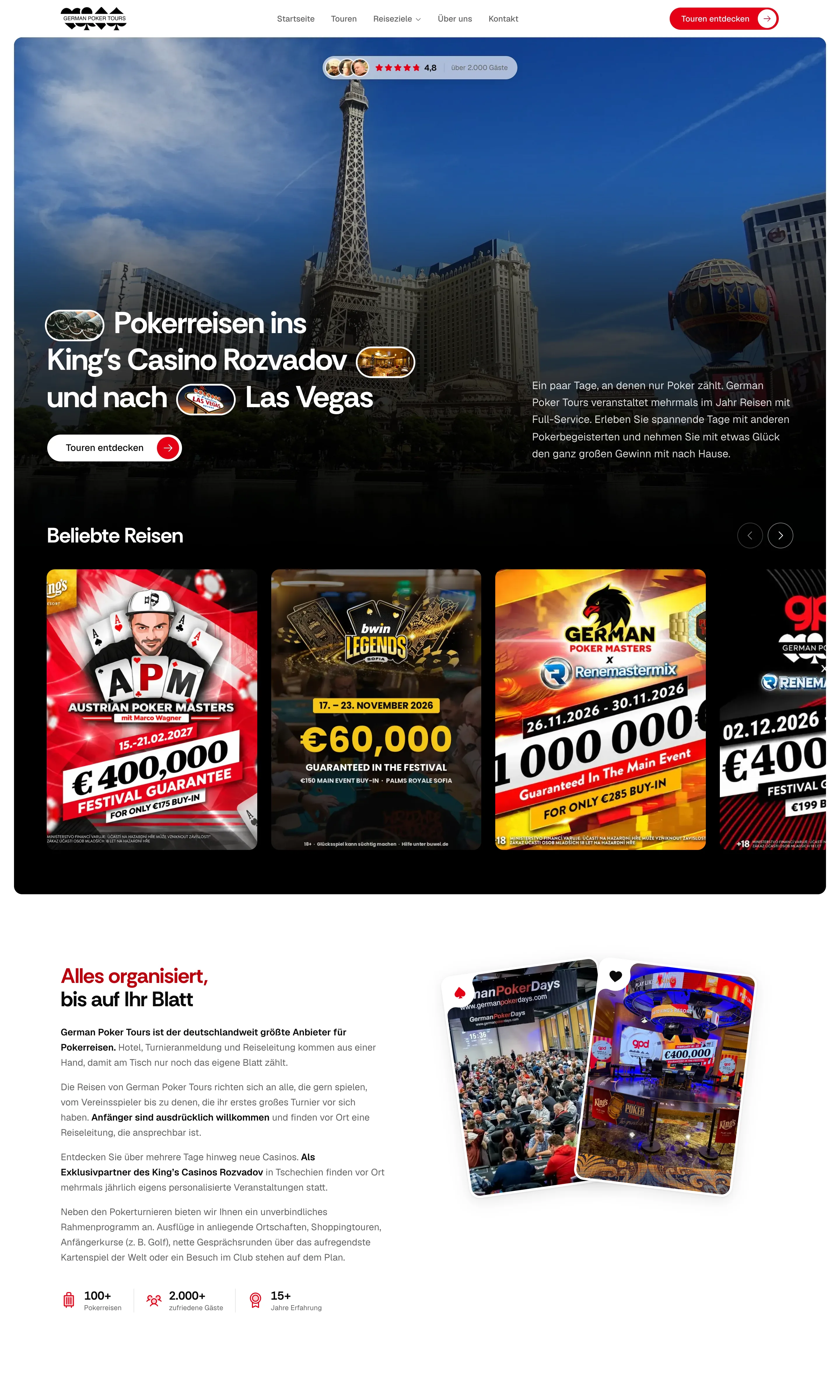 Startseite von German Poker Tours: Pokerreisen ins King's Casino Rozvadov und nach Las Vegas, darunter die beliebten Reisen